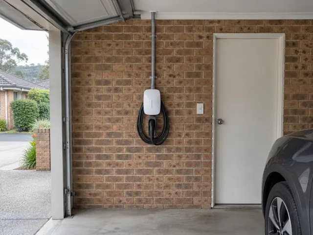 Wall-mounted EV charger with coiled cable on a brick garage wall beside a door in Glenning Valley