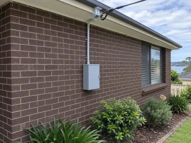Overhead service cable and point-of-attachment on a brick house exterior in Chittaway Bay