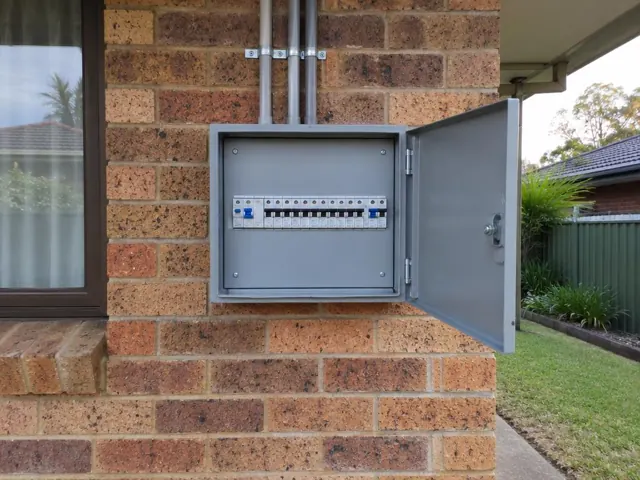 Open exterior switchboard on a brick house wall beside a window in Tuggerah